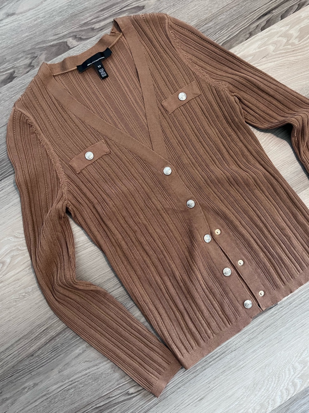 White House Black Market Brown V-Neck Ribbed Button Cardigan
